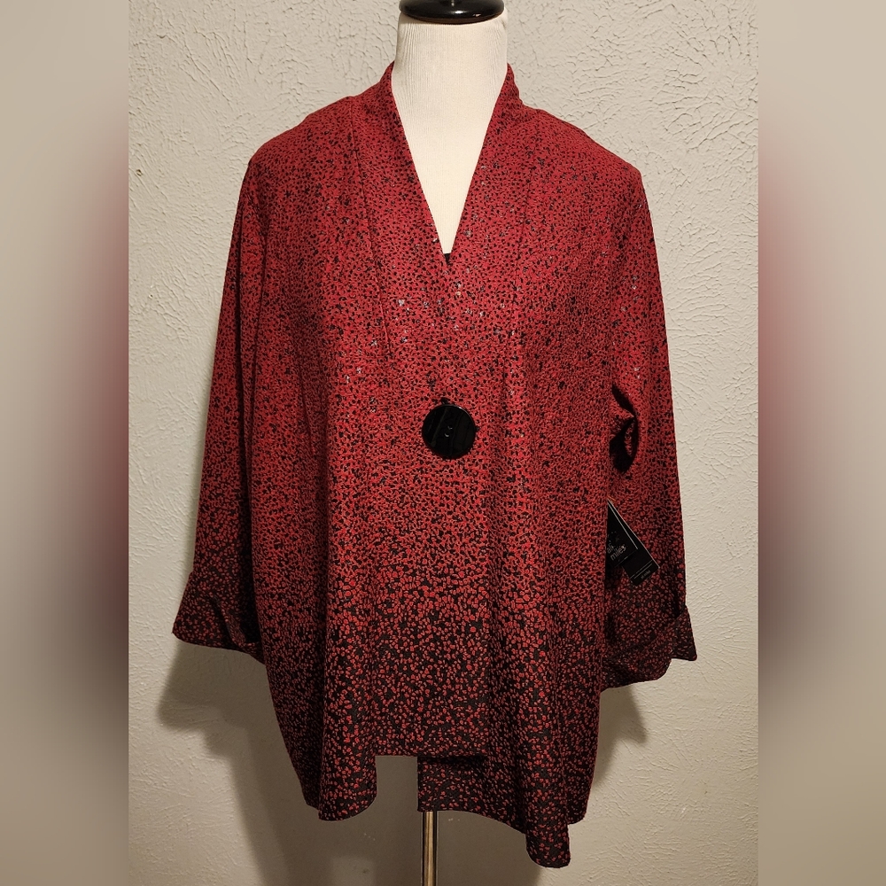 Ali Miles Jacket Red Black Asymmetrical 3/4 Sleeve Cardigan NWT. Size 2X.